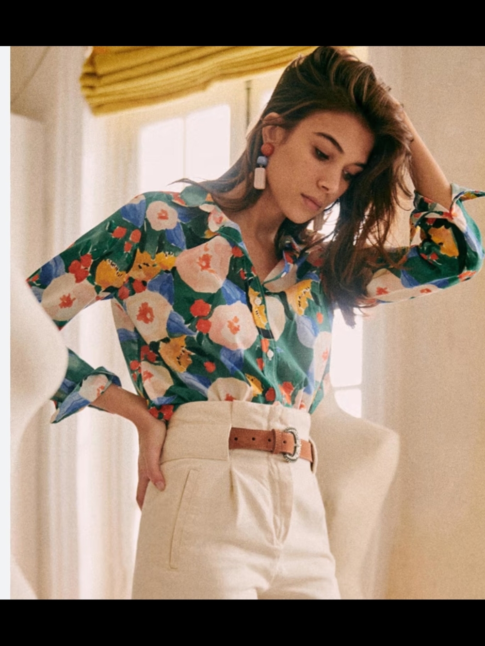 Sézane Pierro Shirt Women 34 XS Green Floral Print Organic Cotton Portugal